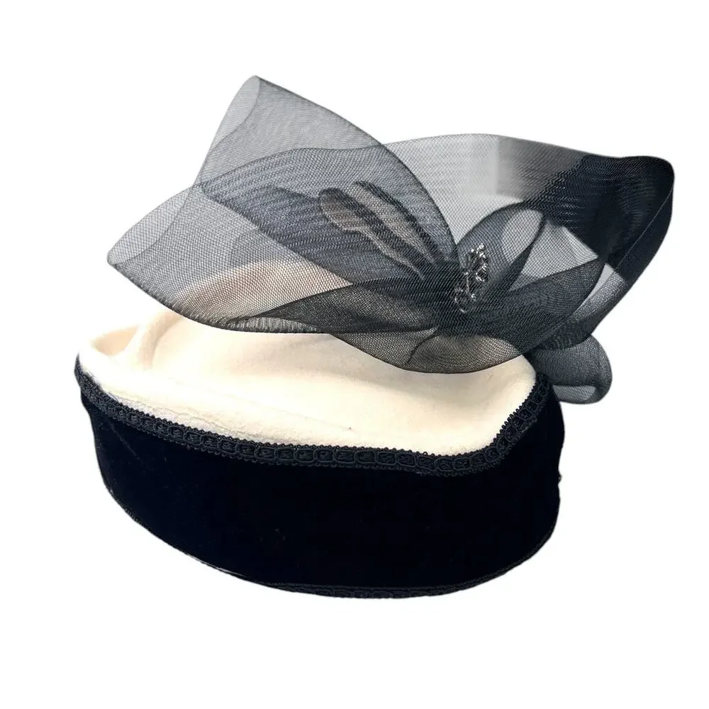 Vintage 40's fascinator hat pill box sheer bow cream black rhinestone Old Money - Picture 6 of 9